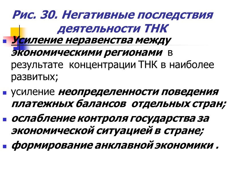 Рис. 30. Негативные последствия деятельности ТНК Усиление неравенства между экономическими регионами в результате Рис. 30. Негативные последствия деятельности ТНК Усиление неравенства между экономическими регионами в результате